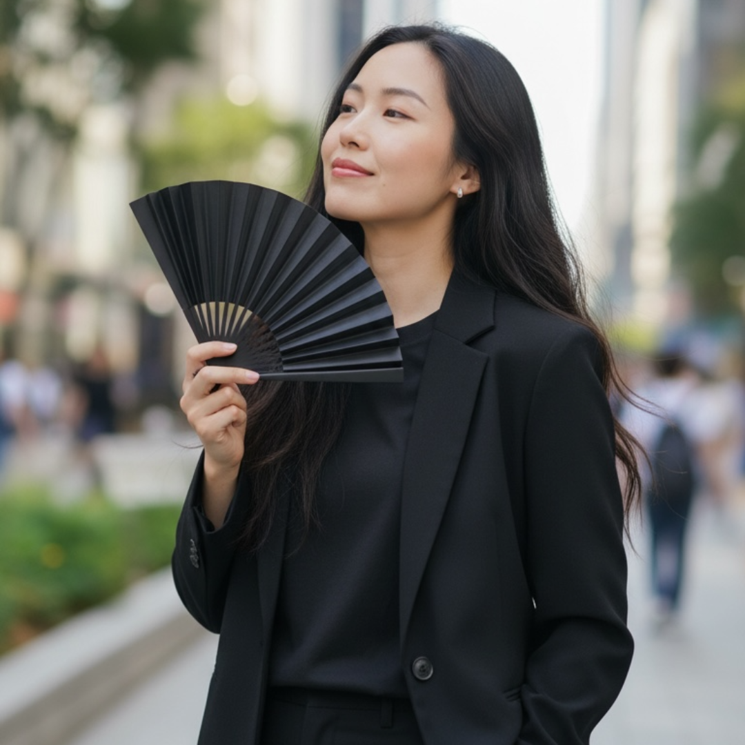 Edo Leather Folding Fan - Black -