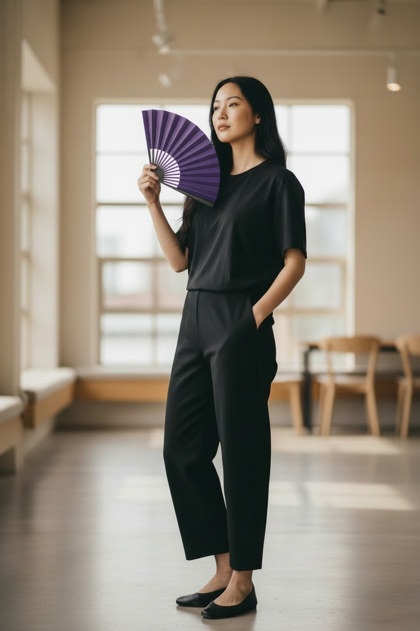 Edo Leather Folding Fan - Navy -