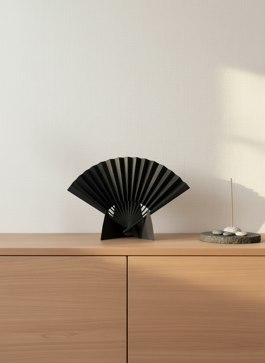 Edo Leather Folding Fan - Black -